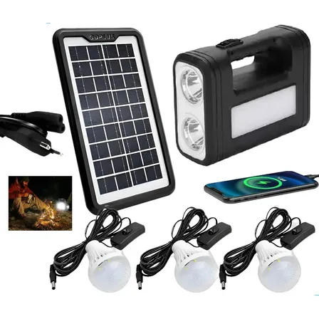 Kit Sistema Solar Painel Led A Bateria + 3 Lampadas Portatil Painel Solar Preto