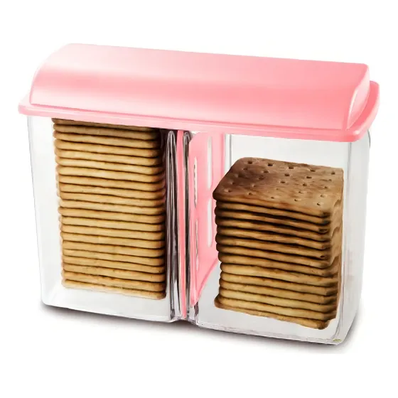 Porta Biscoito Bolacha Rosa De Acrílico Com Tampa Divisória