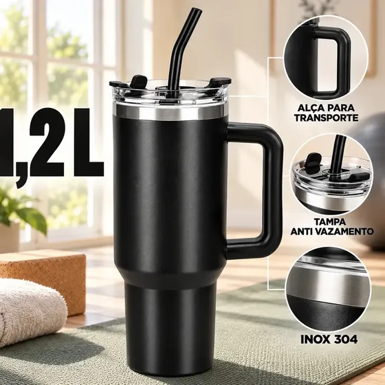 Copo Térmico Caneca Garrafa 1,2L 1200ml Inox Com Alça Tampa Anti-vazamento Canudo Inox Parede Dupla Quente Fria Carro Academia Viagem Sólar