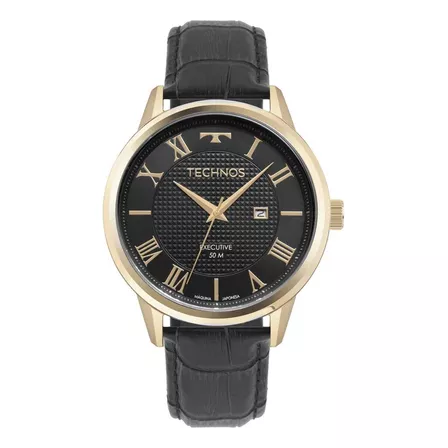 Relógio Technos Masculino Executive Dourado Correia Preto Fundo Preto