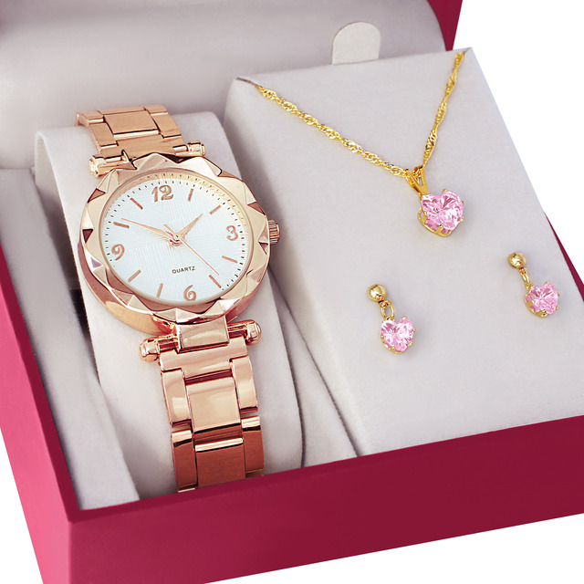 Relógio Feminino Analógico + Colar Brincos Folheado Ouro 18k Relógio Feminino Analógico + Colar Brincos Folheado Ouro 18k