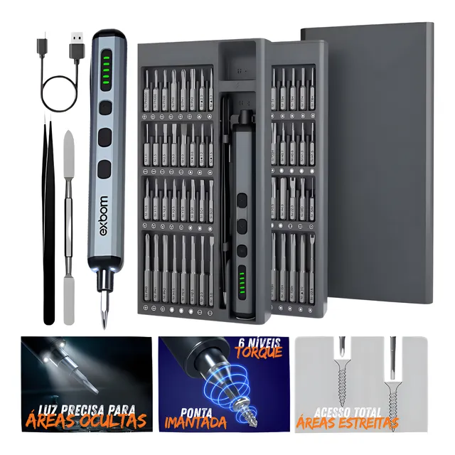 Kit Chave De Precisão Eletrica Fenda Parafusadeira 68 Em 1 Cinza-escuro
