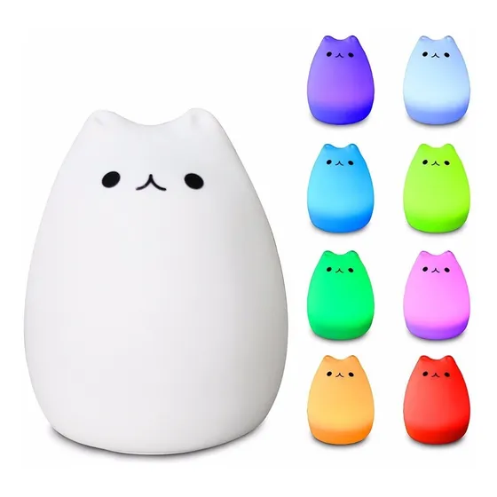 Lampara Velador Silicona Gato Recargable Led Cambia Color