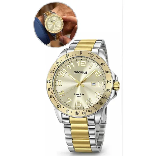 Relógio Masculino Seculus Long Life Dourado Em Aço Calendário