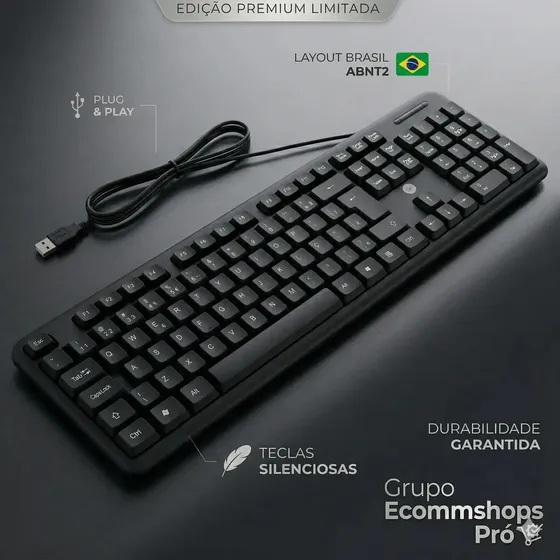 Teclado Usb Preto Abnt2 Para Pc E Notebook Pt-br Profissional Premium Teclas Silenciosas