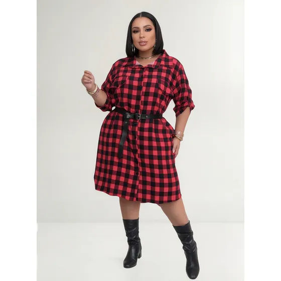 Vestido Plus Size Xadrez Chemise Manga 3/4 Cinto G2 G3