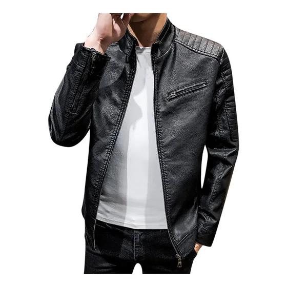 Chaqueta De Cuero Puro A La Moda Para Hombre, Color, Cuello Alto, Límite De Color