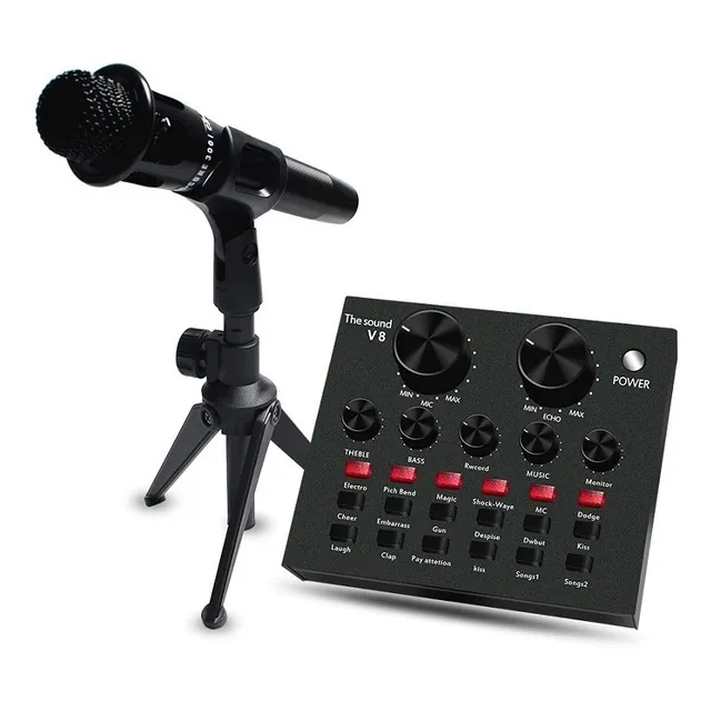 Microfono Con Tarjeta De Sonido V8 Bluetooth Y Audifonos 