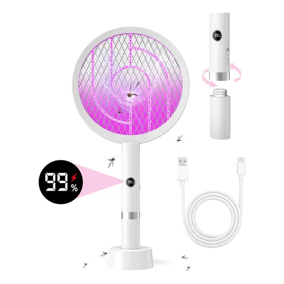 Madeshow Matamoscas Eléctrico Racket, 2 En 1 Inteligente Bug Zapper ,Recargable por USB, Potente Mosquitos Trampa Lámpara Y Mosca Killer Con 3 Capas De Malla De Seguridad Para El Hogar, Patio