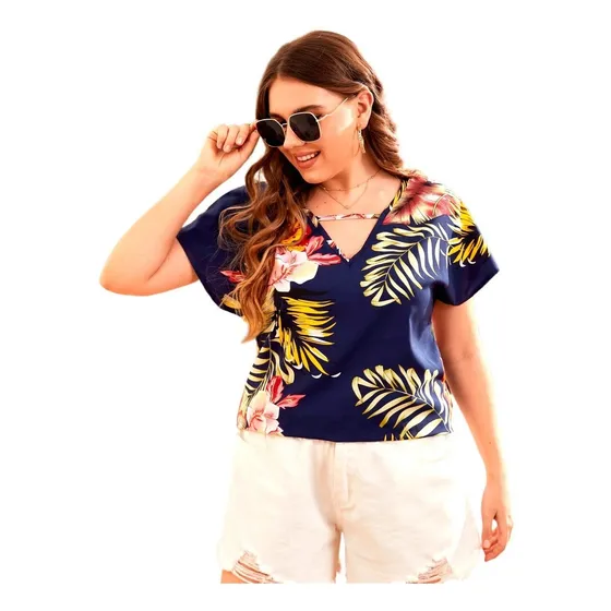 Blusa Tropical Azul, Escote V 1xl (14)