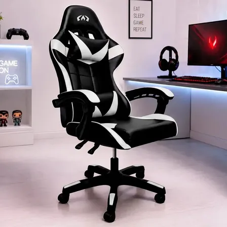 Cadeira De Escritório Gamer Ergonômica Reclinável Estofado Couro Sintético Altura Ajustável Cor Branco Oblivion Nienz