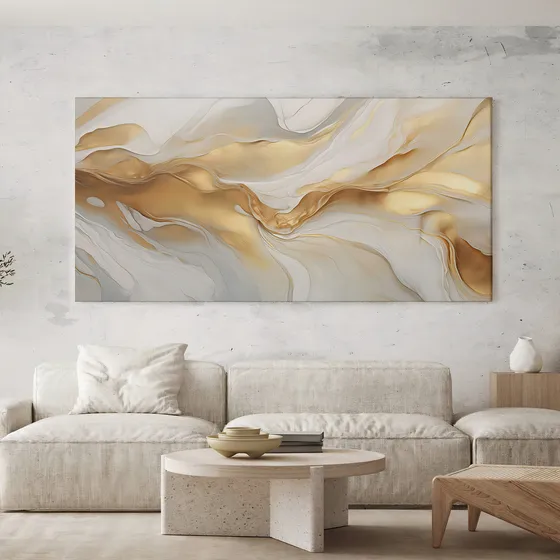 Quadro Sala Abstrato Dourado Luxo Decorativo Grande 130x70 Armação Impresso Nas Laterais 3cm