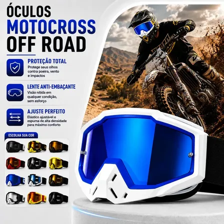 Óculos Motocross Trilha Enduro Off Road Lente Espelhada Silicone Flexível Antiembaçante Proteção UV Entrada de Ar Elástico Ajustável Espuma Capacete Bike Ciclismo Nautilus Ocean - Branco / Azul