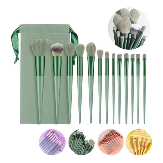 Set Brochas De Maquillaje 13 Piezas Profesional Y Bolsa Verde Color