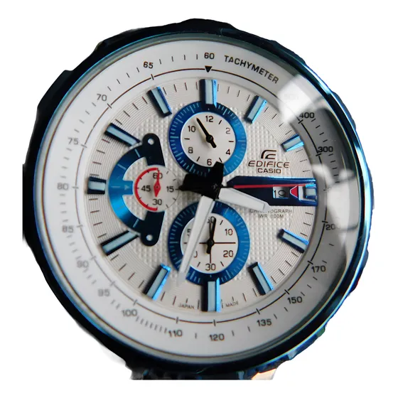 Relógio Casio Edifice Masculino Cronógrafo Wr100m Esport Lux Prateado Azul Branco