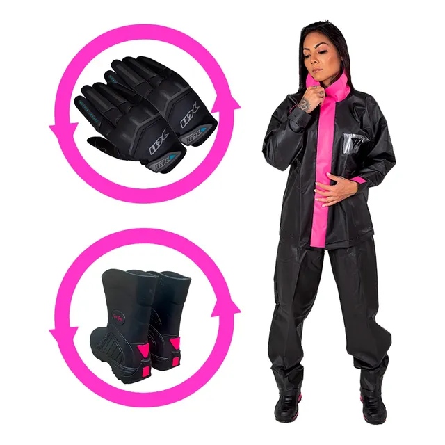 Kit Capa Chuva Feminina Bota Imper Luva X11 Roupa Motoqueiro