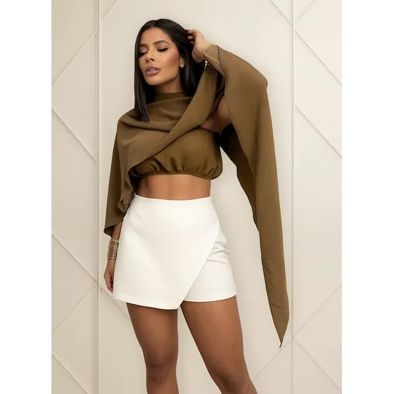 Conjunto Feminino Cropped Faixa E Capa Boho Gola Alta E Top