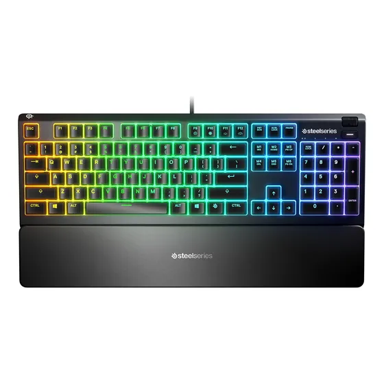 Teclado gamer SteelSeries QWERTY SteelSeries Whisper-Quiet Switch inglés US color negro con luz RGB