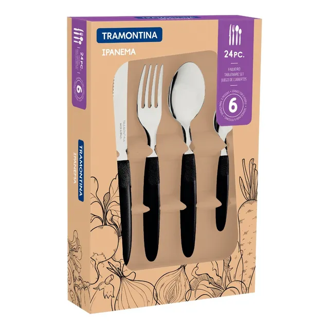 24 CUBIERTOS TRAMONTINA IPANEMA ACERO INOX PVC NEGRO CAJA