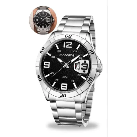 Relogio Esportivo Analogico Mondaine Resistente Agua Fundo Preto Pulseira E Bisel Prata