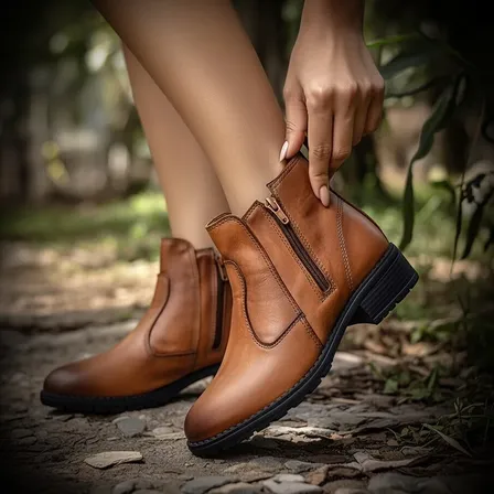 Bota Couro Legitimo Cano Curto Baixo Salto Baixo Confortável