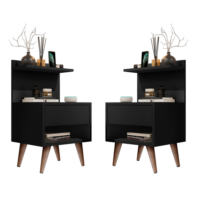 Kit Mesas De Cabeceira Sleep Retrô 1 Gaveta Prateleiras Deco Cor 2 Un Sleep - Preto Kit Mesas De Cabeceira Sleep Retrô 1 Gaveta Prateleiras Deco Cor 2 Un Sleep - Preto