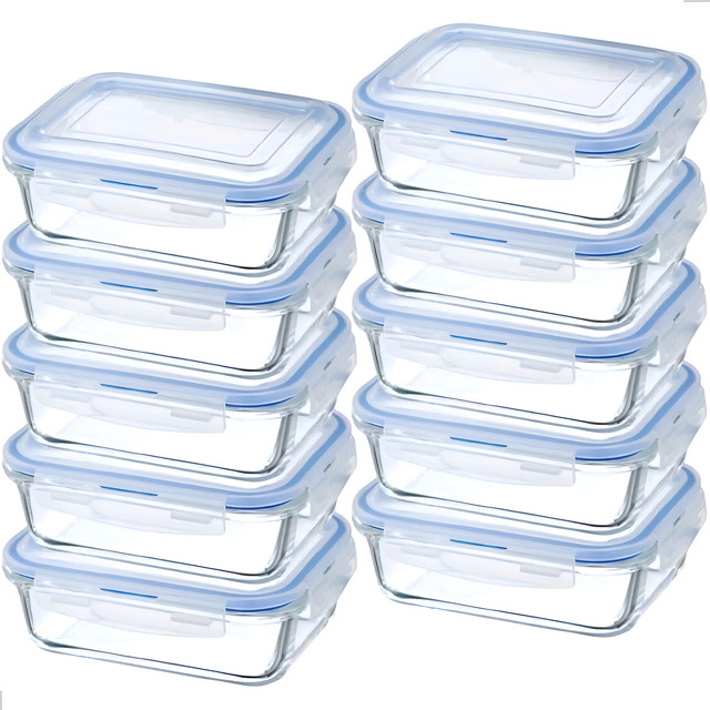 Kit 10 Potes 370ml Vidro Hermetico Marmita Fitness Com Tampa Quatro Travas Retangular Anti...