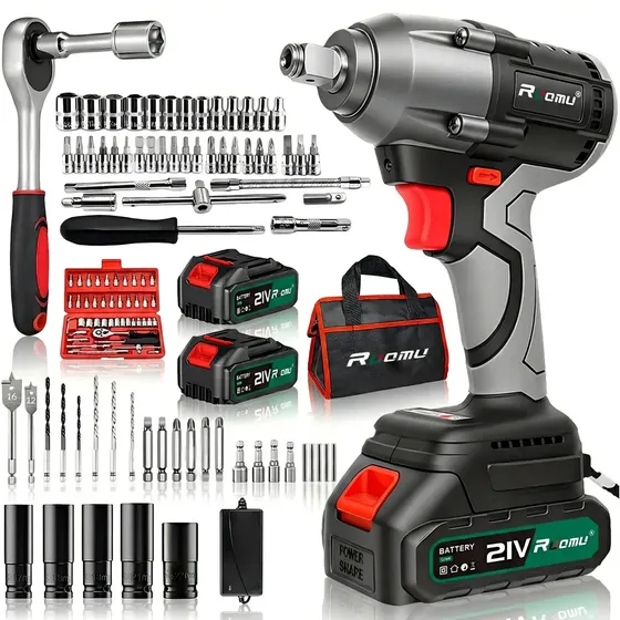 Chave De Impacto Ruomutool-307 Sem Fio 520 Nm Com Bateria e Acessórios