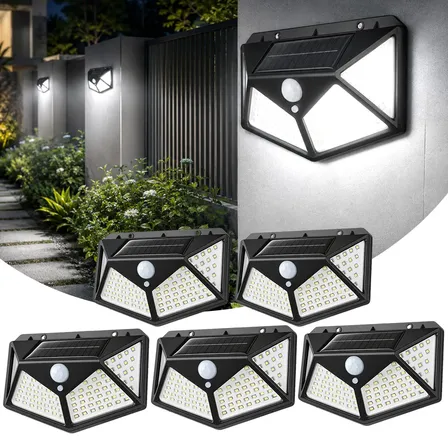 Kit 5 Luminárias Solar 100leds A Prova D'água Parede Externa 127/220v Preto
