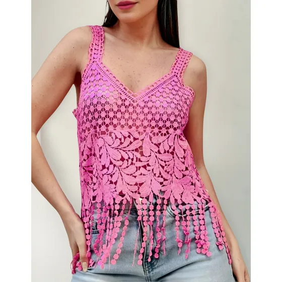 Top Importado Blusa Corta Tejido Al Crochet Con Flecos.