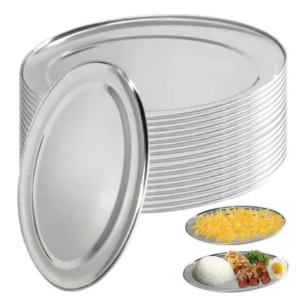 Kit 20 Travessa Bandeja 30cm Aço Inox Porção Oval Batata - Prateado