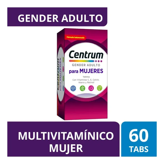 Frasco Multivitamínico Centrum Mujer Con Vitamina C Vitamina E Calcio Hierro Y Retinol 60 Tabletas Sin Sabor