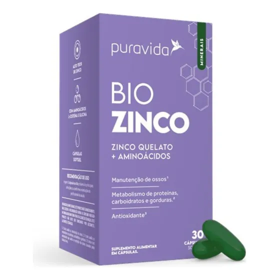 Zinco Quelato Bio Zinco 30caps Puravida Auxilia Ossos Visão Sabor Sem Sabor
