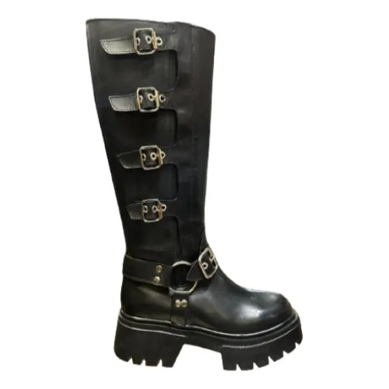 Bota De Dama 100% Cuero, Caña Alta Con 5 Hebillas. Chunky