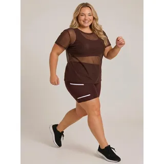 WMConjunto Fitness Plus Size 3 Peças Top Short Com Bolso Tule Marrom Lisa G1