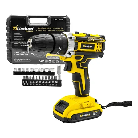 Furadeira E Parafusadeira A Bateria Carbon 21v Com Acessorios 35 Peças Carregador Bivolt Titanium Platina Preto 60 Hz