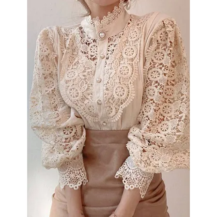 Blusinha Feminina Camisa Renda Manga Vazada Bufante Lanterna