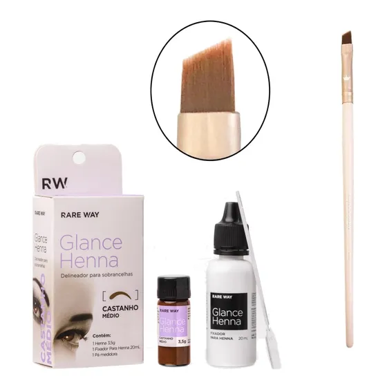 Henna Glance Kit Sobrancelha Rare Way Pincel Macrilan Rosa Cor Castanho Médio