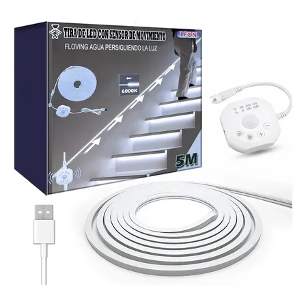 Tira Led Neon 5m Con Sensor De Movimiento,efecto Agua Fluida Blanco Frío Ip65 Cortable,escaleras, Debajo Cama, Interior