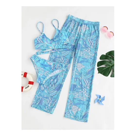 Shein Niñas Bikini Cruzado C/estampado Floral Con Pantalones