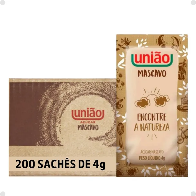 Açúcar União Mascavo Sachê Com 200 Unidades - 4g