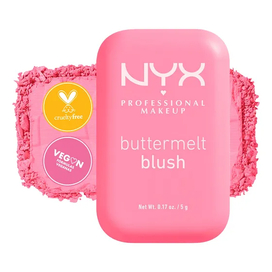 NYX Professional Makeup, Buttermelt Blush, Tono: Butta Together (rosa claro). Rubor cremoso en polvo infusionado con manteca de karité, mango y almendras, hasta 12H de uso, fórmula vegana