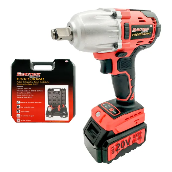 Llave Impacto Reversible Enc. 1/2 | Bateria 20 V. | Potencia 500 Nm - Vel. 2500 Rpm | Eurotech