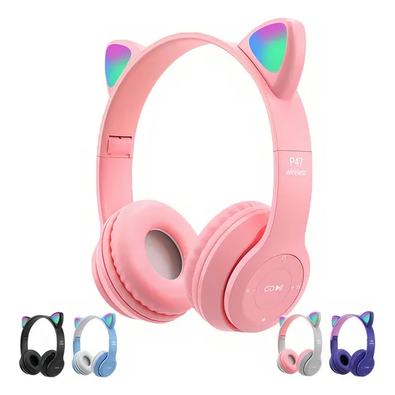 Audífonos Bluetooth 5.0 Luminoso Gato Diadema para Niños y Adultos, Gamer Audífonos Inalámbricos P47 Con Luz Led Plegable Carga USB Rosa