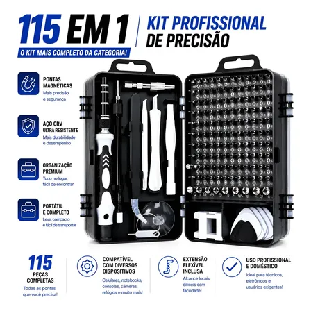 Kit Chave Precisão 115 Em 1 Profissional Magnética Crv Para Notebook Celular Games Relógio Óculos Eletrônicos Ferramenta Reparo Manutenção Torx Phillips Completo Com Maleta Black Raipe
