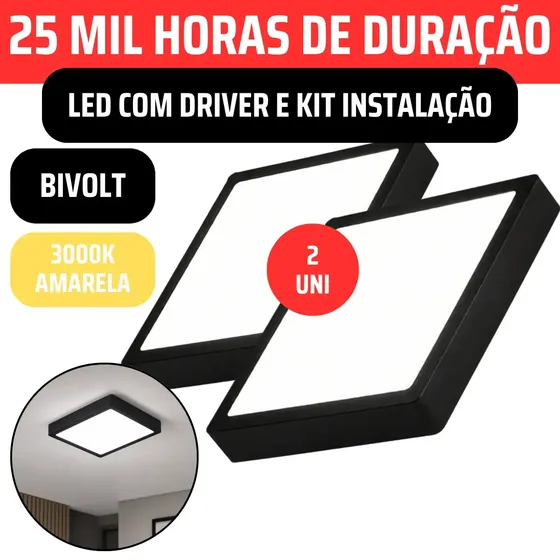 Kit 2x Plafon Led Quadrado Sobrepor Estrutura Preta Bivolt 110v/220v Painel Luminária Com Driver 18w 3000K 20x20 Banheiros Lojas Recepção Teto Quarto Cozinha Corredor Escritório Forro Vmd Homecenter