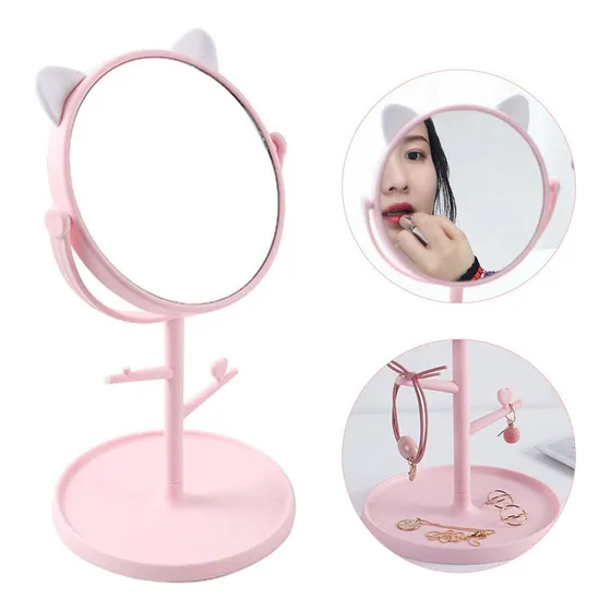 Espelho Mesa Gatinho Com Porta Maquiagem Bijuteria Cosmético