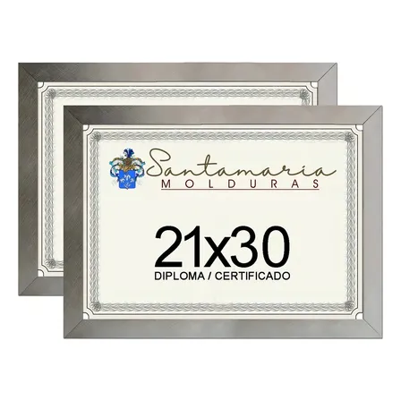 Kit 2 Molduras Santamaria Porta Diploma A4 21x30 Prateado Madeira Liso