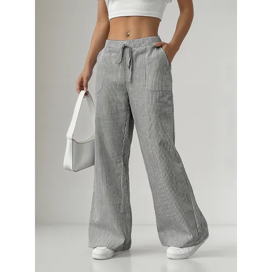 Pantalones Anchos Mujer. Bolsillos Casual. Rayas Gris Blanco