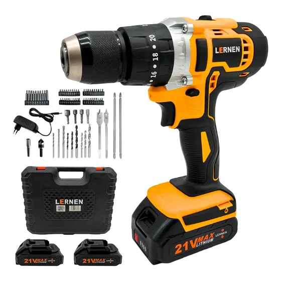 Taladro Inalámbrico Lernen Rotomartillo Percutor 2 Baterías 13 Mm Color Amarillo